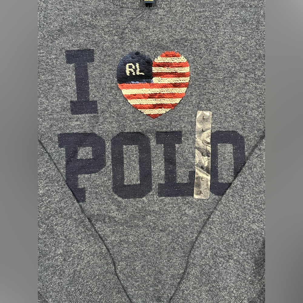 Polo Ralph Lauren Sweater Girls Blue I Heart USA flag Polo Pullover Size L 12-14 - Picture 7 of 11